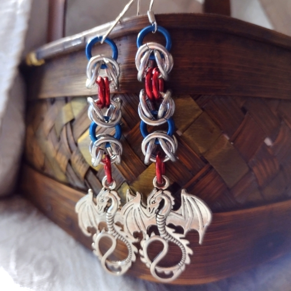 Handmade Patriotic Dragon chainmail dangle earrings
